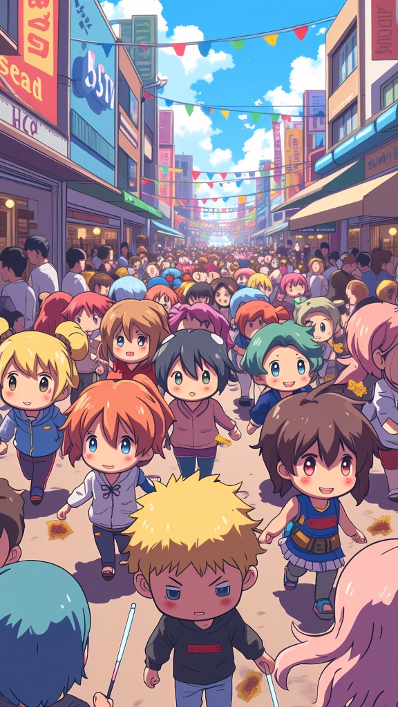 An energetic festival parade scene featuring the 'Chibi Con Lineup.' The mini characters are marching, interacting playfully, and holding small convention-related items (e.g., mini light sticks, fan art), capturing the 'Big Fun' in a bustling, cute, and compact atmosphere.