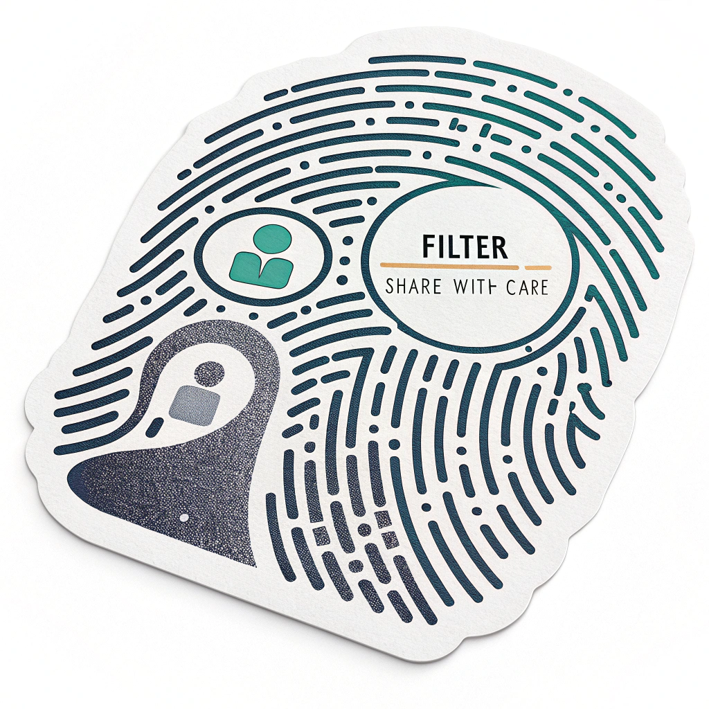 A stylized fingerprint pattern that morphs into a digital data stream, with a visible 'filter' or 'gate' that only allows safe information through. The phrase 'Share with Care' could be integrated into the gate design.