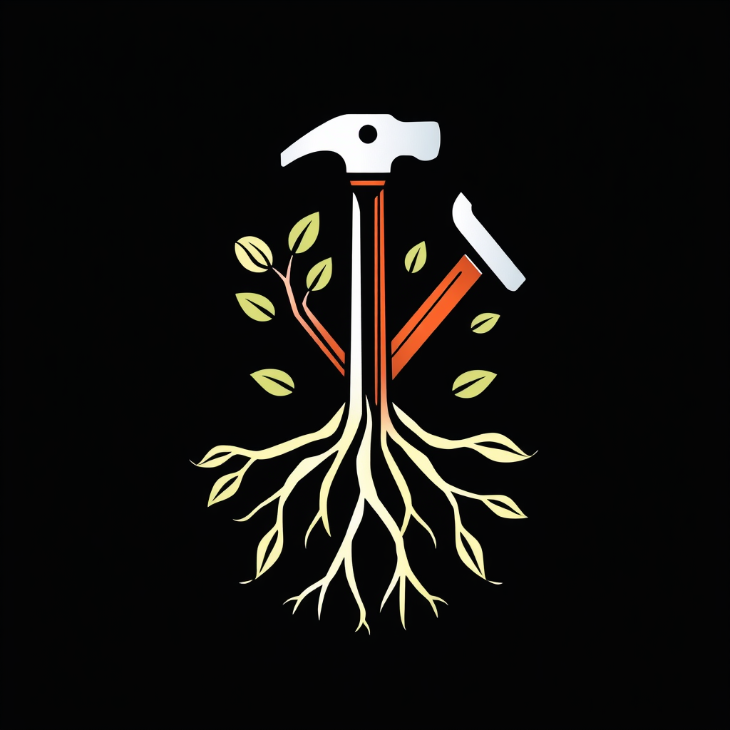 Depict roots and tool handles (like a hammer or screwdriver) intertwining and growing upwards together, symbolizing mutual support and the idea that safety fosters growth and productivity.