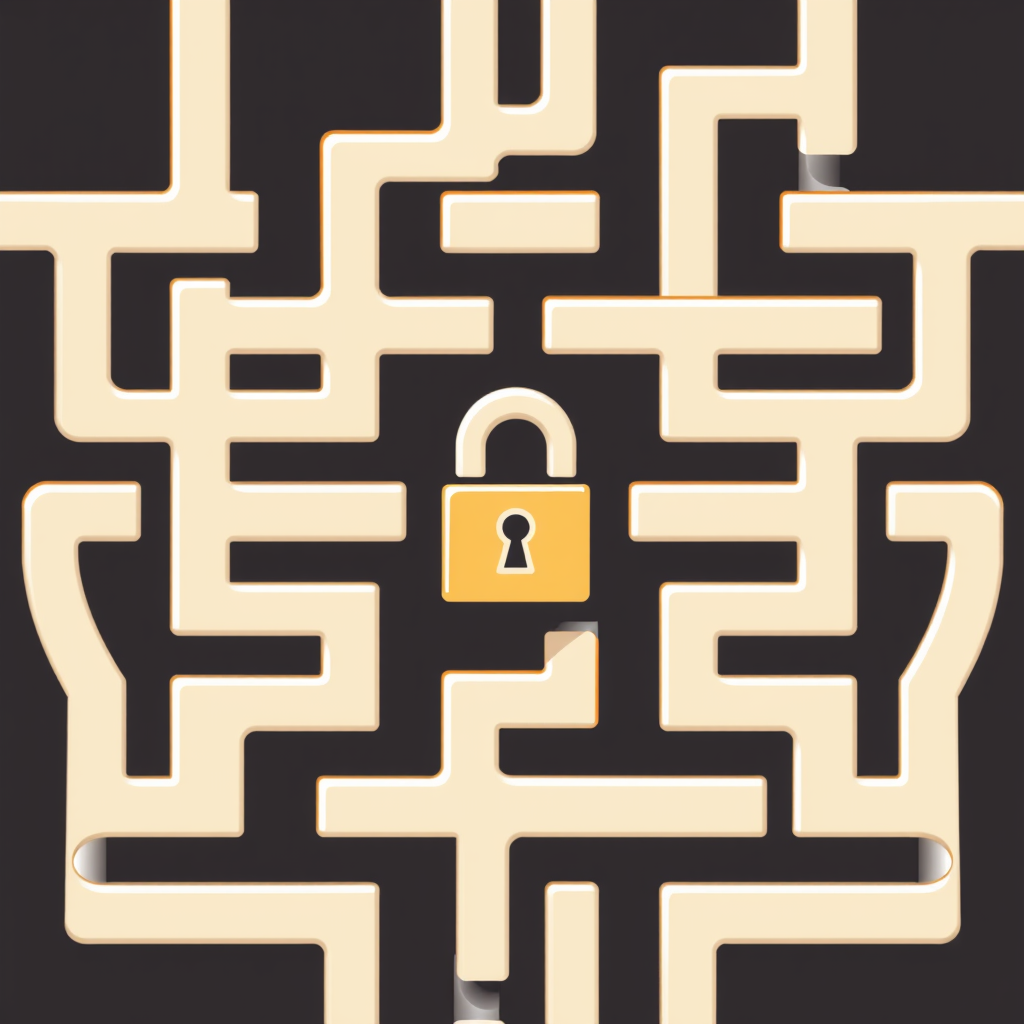 Glyph design based on a stylized, shifting labyrinth, where abstract symbols mark key entry points or locked passages within the encryption maze.