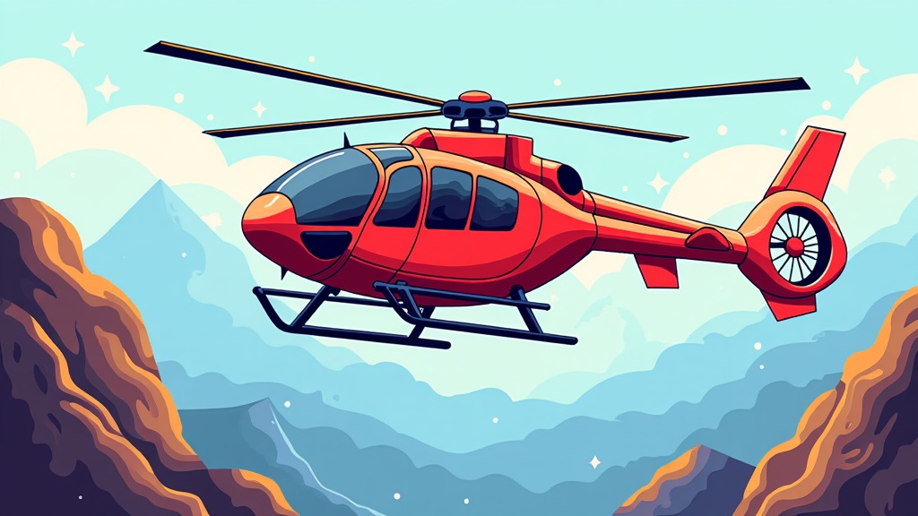 The image is an illustration of a red helicopter flying over a mountainous landscape. The helicopter is in the center of the image, with its body facing towards the right side of the frame. It has a pointed nose and two propellers on either side. The sky is blue with white clouds and there are mountains in the background. The mountains are covered in orange and brown rocks, and the sky is a light blue with a few white clouds scattered across it. The overall color scheme of the illustration is bright and vibrant.