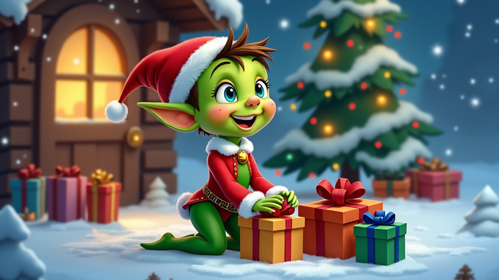 The image is a digital illustration of a Christmas scene. It shows a small green elf wearing a red Santa hat and a red suit with gold buttons. The elf is standing in front of a wooden house with a large Christmas tree in the background. The tree is decorated with colorful ornaments and lights. There are several gift boxes scattered around the elf, some of which are wrapped in colorful paper and tied with red ribbons. The ground is covered in snow and there are small pine cones scattered around. The overall mood of the image is festive and cheerful.