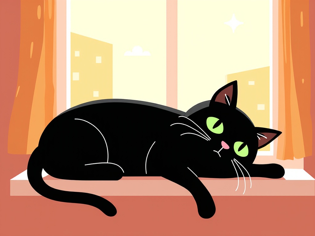 The image is an illustration of a black cat lying on a window sill. The cat is lying on its side with its head resting on its front paws and its body stretched out in front of it. It has green eyes and pink nose. The window is open and the curtains are drawn, letting in natural light. Through the window, we can see a cityscape with buildings and a starry night sky. The overall mood of the image is peaceful and serene.