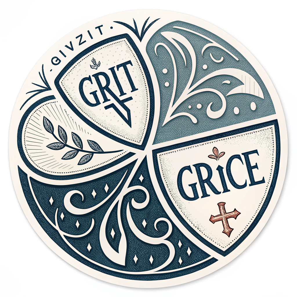 A sticker featuring a stylized emblem combining elements of both 'grit' (texture, sharp edges) and 'grace' (smooth curves, elegant lines).