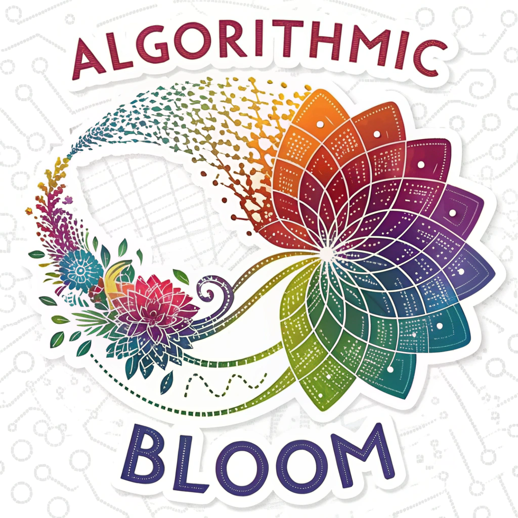 Algorithmic Bloom: A stylized strand of binary code (0s and 1s) spiraling outwards and blossoming into a vibrant, fractal-like flower or abstract colorful splash, with a canvas texture subtly in the background.