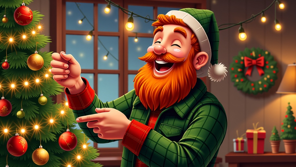  a cartoon illustration of a man with a red beard and mustache, wearing a green plaid shirt and a Santa hat. He is standing in front of a Christmas tree decorated with red and gold ornaments and lights. The man is pointing towards the tree with his right hand and has a big smile on his face. In the background, there is a window with a wreath hanging on the wall and a lamp on a table. The overall mood of the image is cheerful and festive.