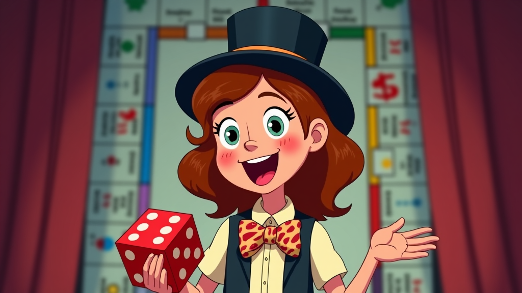 A young girl on stage during a school play about Monopoly's history, proudly dressed in a top hat, holding a giant dice prop. Her expressive face shines with excitement as she passionately narrates Mr. Monopoly's tales, captivating attendees with tales of economic adventure and strategy.