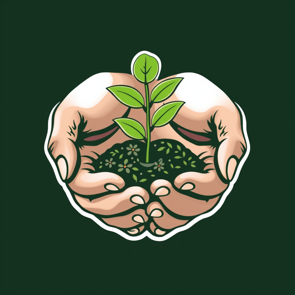 Cradled Hope Seedling: A logo featuring a tender green seedling cupped protectively in human hands (diverse or child/adult). The hands can subtly form a heart or a circle, emphasizing care, shared responsibility, and nurturing new beginnings for the Earth.