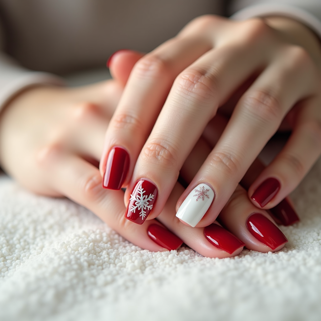  a close-up of a woman's hands with long, pointed nails. The nails are painted with a red polish and have a white snowflake design on each ring finger. The background is blurred, but it appears to be a white surface with a textured pattern. The hands are resting on a white towel. The overall mood of the image is festive and wintery.