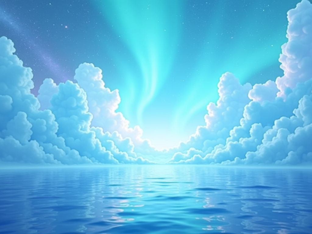 Abstract pattern inspired by atmospheric phenomena like aurora borealis or cloud formations, using soft gradients and flowing lines in ethereal blues, greens, purples, and whites on the T-shirt.