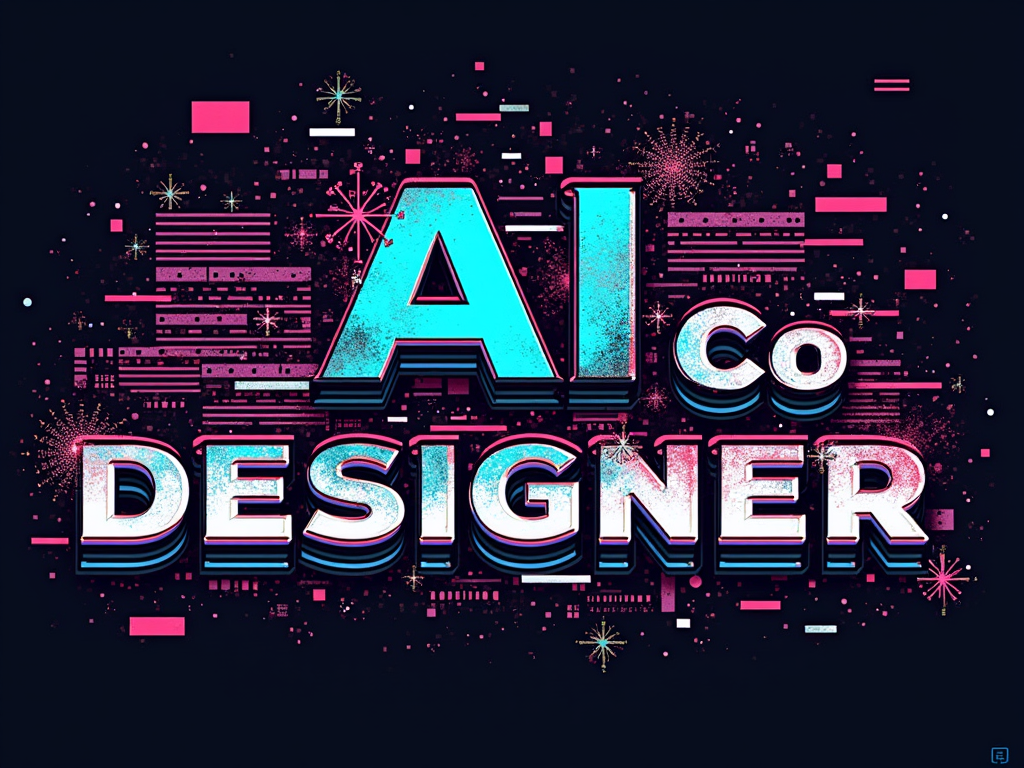T-Shirt Idea 5 (Glitch Aesthetic Code): A design featuring the phrase 'AI Co-Designer' in a bold, slightly glitched font, with lines of code interwoven and breaking apart into pixelated or abstract shapes. Uses a retro-futuristic color palette.