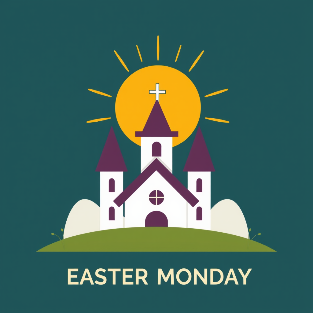 A simple icon depicting a church with a rising sun in the background, symbolizing the hope and new beginnings associated with Easter Monday.