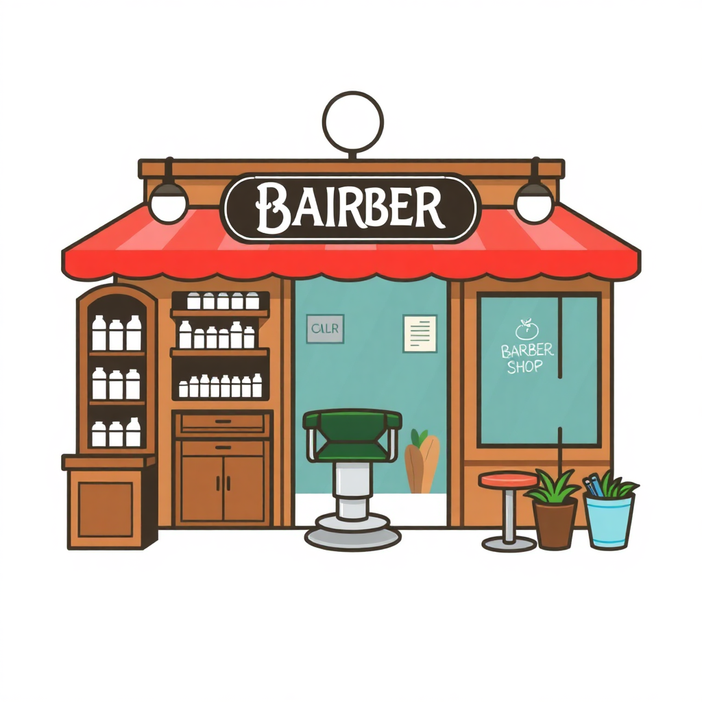 The image is an illustration of a barber shop. The shop has a red awning with the word BAIRBER written in white capital letters above the entrance. The front of the shop has two doors, one with a sign that reads Barber Shop and the other with a logo of a hair salon. There is a green barber chair in front of one of the doors, and a small table with a potted plant on the right side. On the left side, there is a wooden shelf with various hair products, including shampoo, conditioner, and conditioner bottles. The overall color scheme of the image is brown and green.