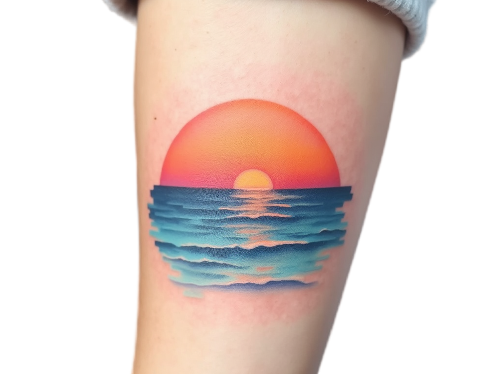 A serene sunrise tattoo over a calm ocean horizon on a forearm, with vibrant hues of orange and pink blending into the blue sky.