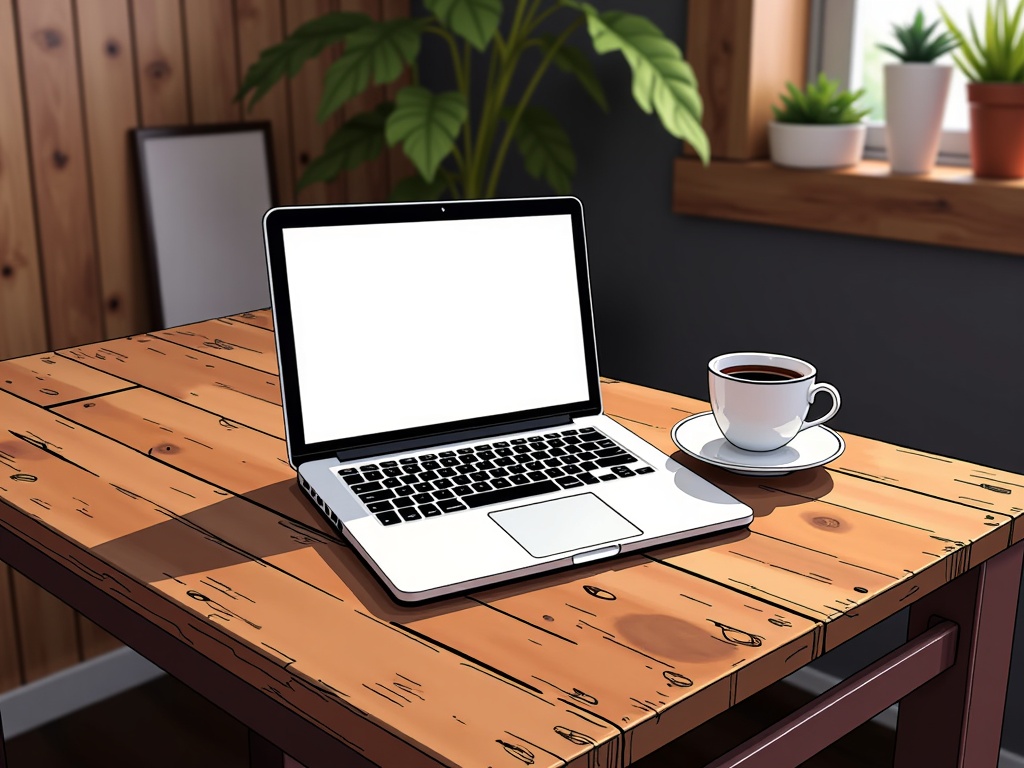 A flat design laptop lies on a rustic wooden table. Its modernity juxtaposes the table's vintage charm, showcasing a blend of old-world aesthetics and new-age technology.