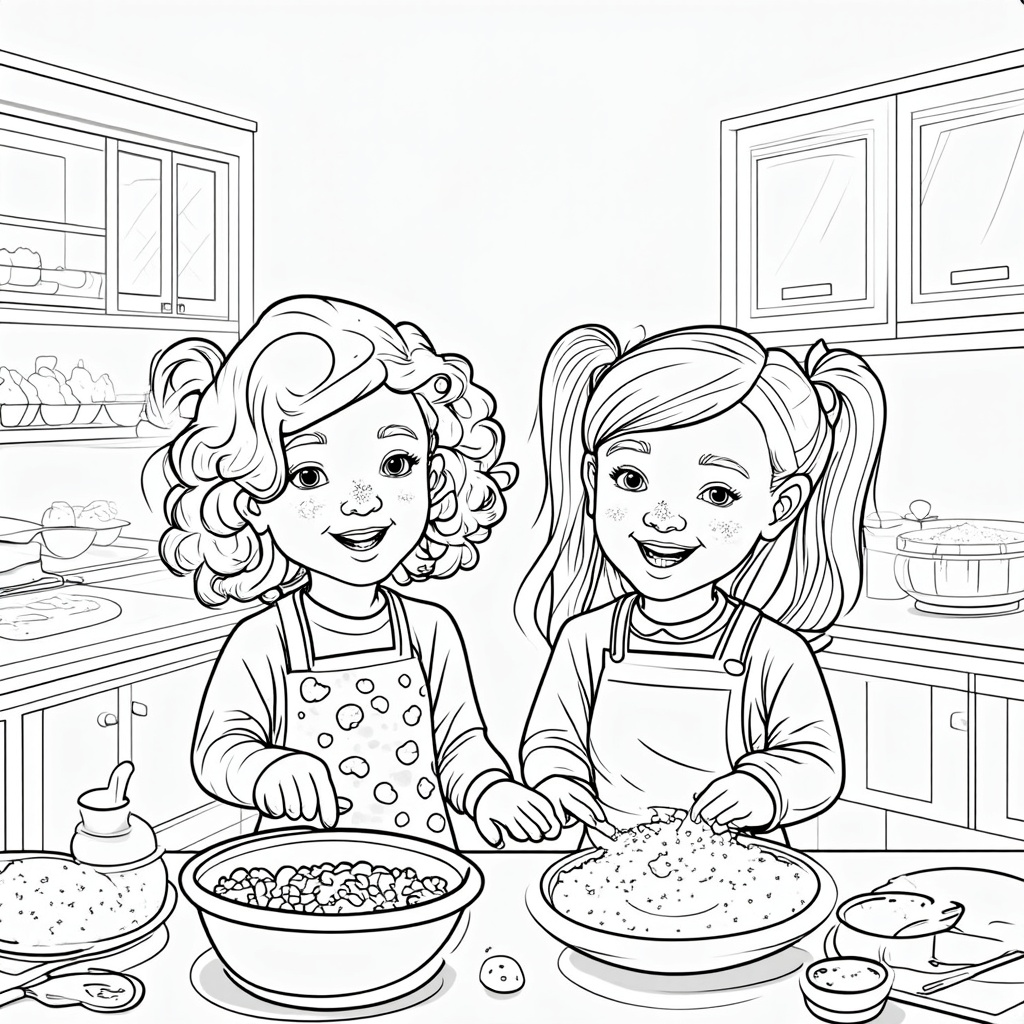 A playful and slightly messy kitchen scene capturing the fun: think flour smudges on noses, spilled sprinkles, shared laughter, and the delightful chaos of creating sweet treats together.