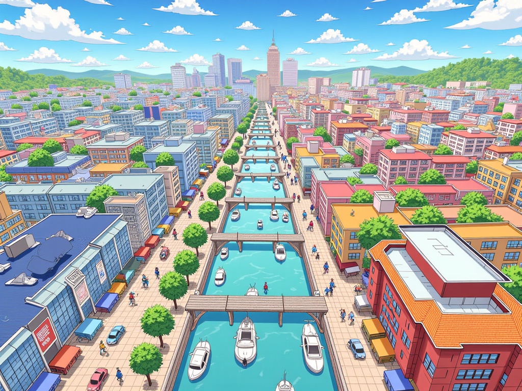 A landscape or cityscape illustration where different sections are rendered in varying anime styles, creating a diverse yet harmonious world. For example, one district might be cel-shaded and action-packed, another soft and pastel for slice-of-life, all under the banner of 'Anime Central 2025'.
