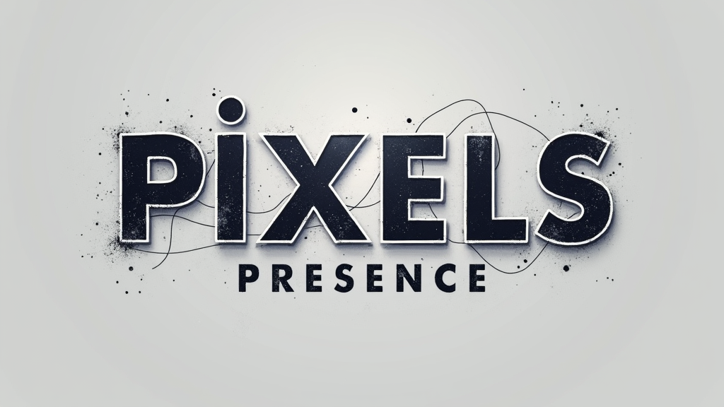 Typography-focused design where 'Pixels' is written in a blocky, digital font and 'Presence' in a more organic, perhaps handwritten or serif font, visually connected.