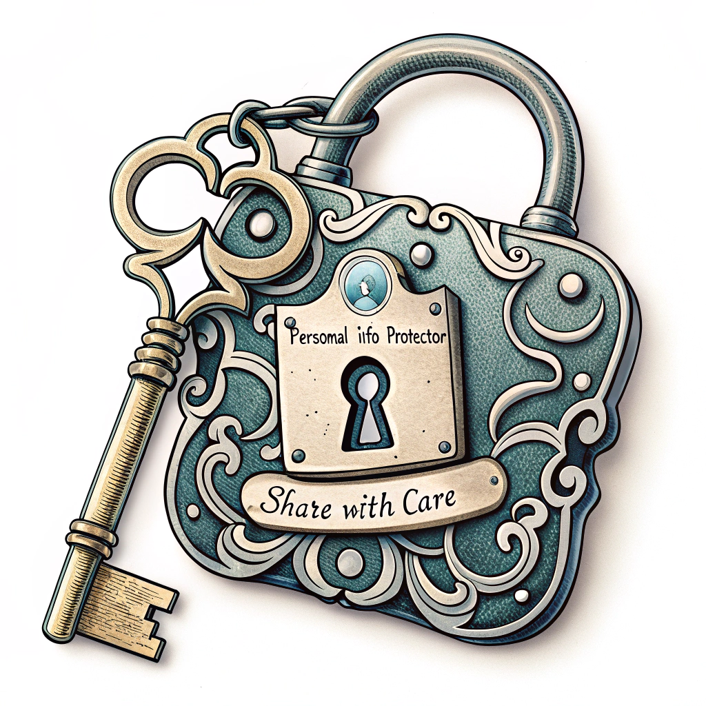 A vintage-style lock and key, where the keyhole is shaped like a social media 'share' icon. The text 'Personal Info Protector' could be on the body of the lock, and 'Share with Care' on a tag attached to the key.