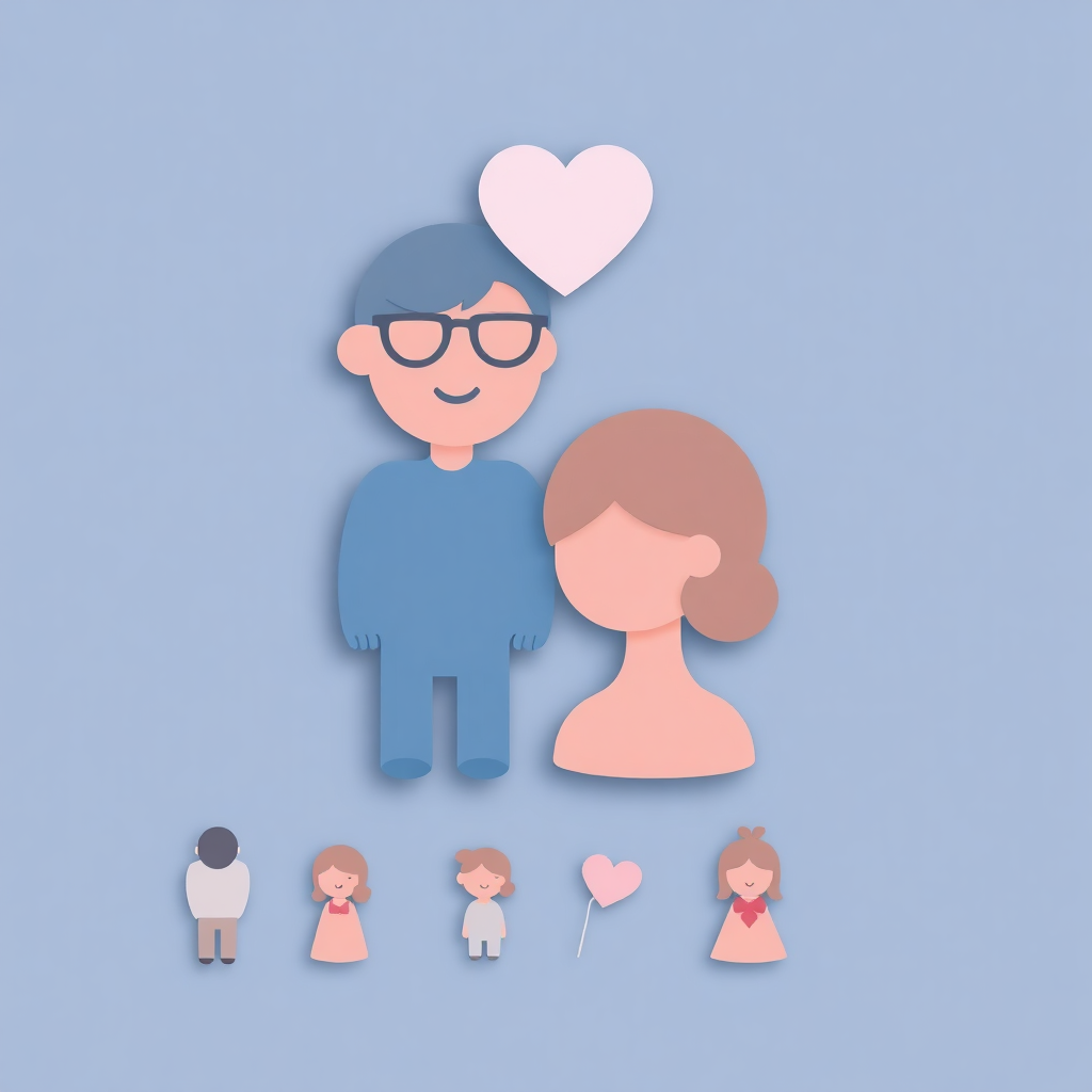 The image shows a paper cutout of a man and woman with a heart on their head, surrounded by a group of people. The man is wearing glasses and the woman is wearing a dress. The background is a light blue color.