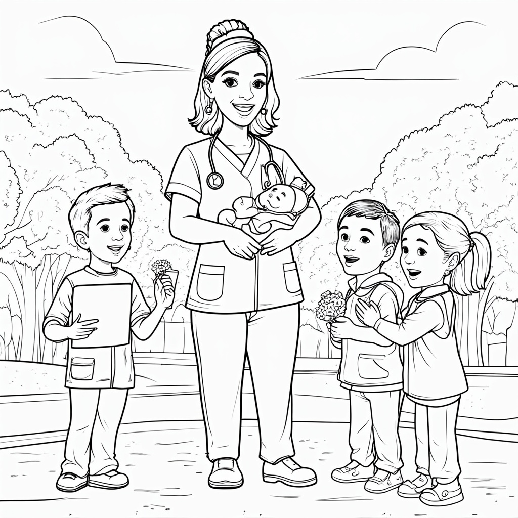 A 'Thank You, Nurse!' themed page where the nurse holding the baby is central, and children (as line art for coloring) are depicted around them offering flowers or handmade cards. This emphasizes community appreciation.