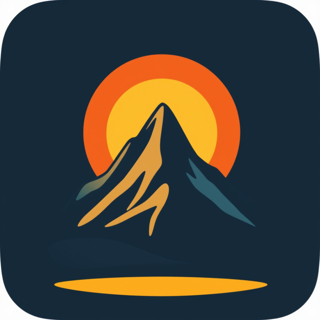 A stylized mountain peak with a sun rising behind it, using warm colors like orange and yellow for the sun and cool blues and grays for the mountain.