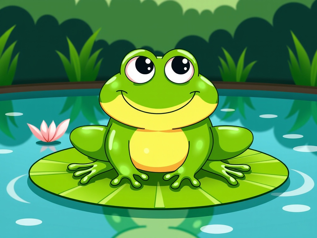 The image is a cartoon illustration of a green frog sitting on a large green lily pad in a pond. The frog has a big smile on its face and is looking directly at the camera. It has two large round eyes and a small nose. Its body is round and its legs are stretched out in front of it. The pond is surrounded by green plants and there is a pink lotus flower floating on the surface. The background is blurred, but it appears to be a garden or pond with trees and bushes.