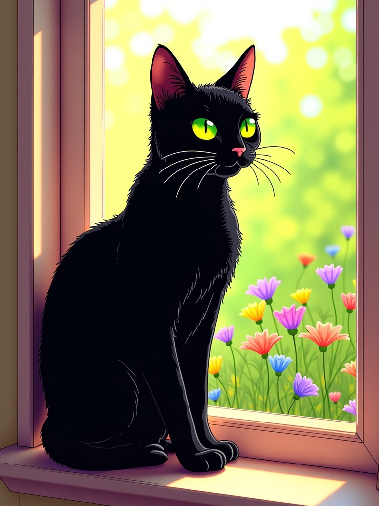 The image is a digital illustration of a black cat sitting on a window sill. The cat is facing towards the right side of the image and is looking out the window with a curious expression. It has green eyes and pink ears. The window is open and the view outside is of a garden with colorful flowers and greenery. The background is blurred, but it appears to be a sunny day with a blue sky and white clouds. The overall color scheme of the illustration is bright and cheerful.