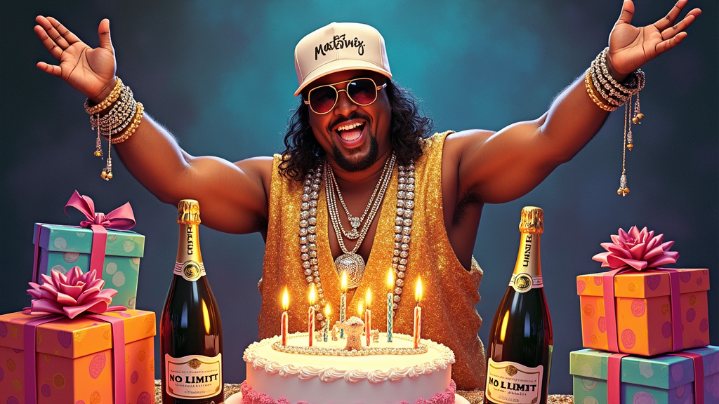 A 'Pen & Pixel' inspired design, featuring Master P in a celebratory pose, surrounded by birthday elements like champagne, gifts, and a large cake, all rendered with the signature over-the-top bling and airbrushed aesthetic of No Limit album covers. The text 'Retro No Limit Birthday Tank' could be integrated into the scene.
