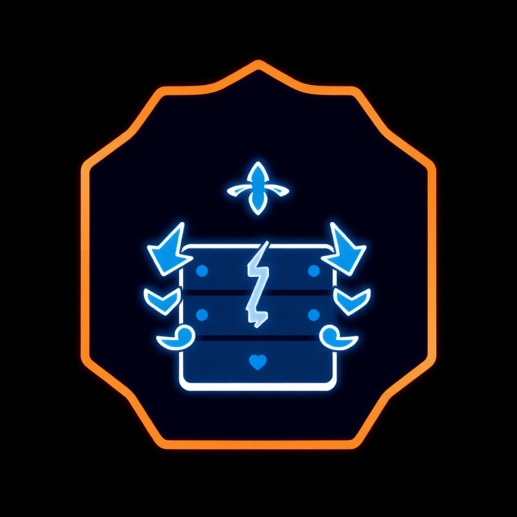 The image is a neon sign in the shape of a hexagon. The hexagon is orange in color and has a black background. In the center of the hexagon, there is a blue line drawing of a square with a lightning bolt and a heart in the middle. Surrounding the lightning bolt, there are three blue arrows pointing in different directions. On top of the square, there appears to be a small blue flower. The overall design is simple and minimalistic.