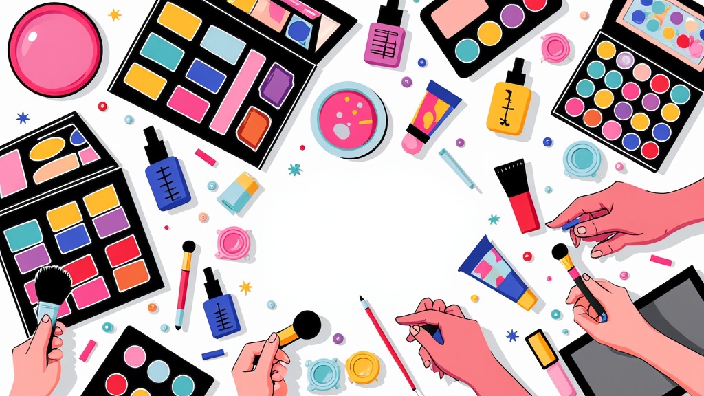 An overhead or bird's-eye view illustration of a makeup station, showcasing an artful arrangement of brushes, palettes, and products, with hands applying makeup or styling hair, giving a sense of organized creative mess.