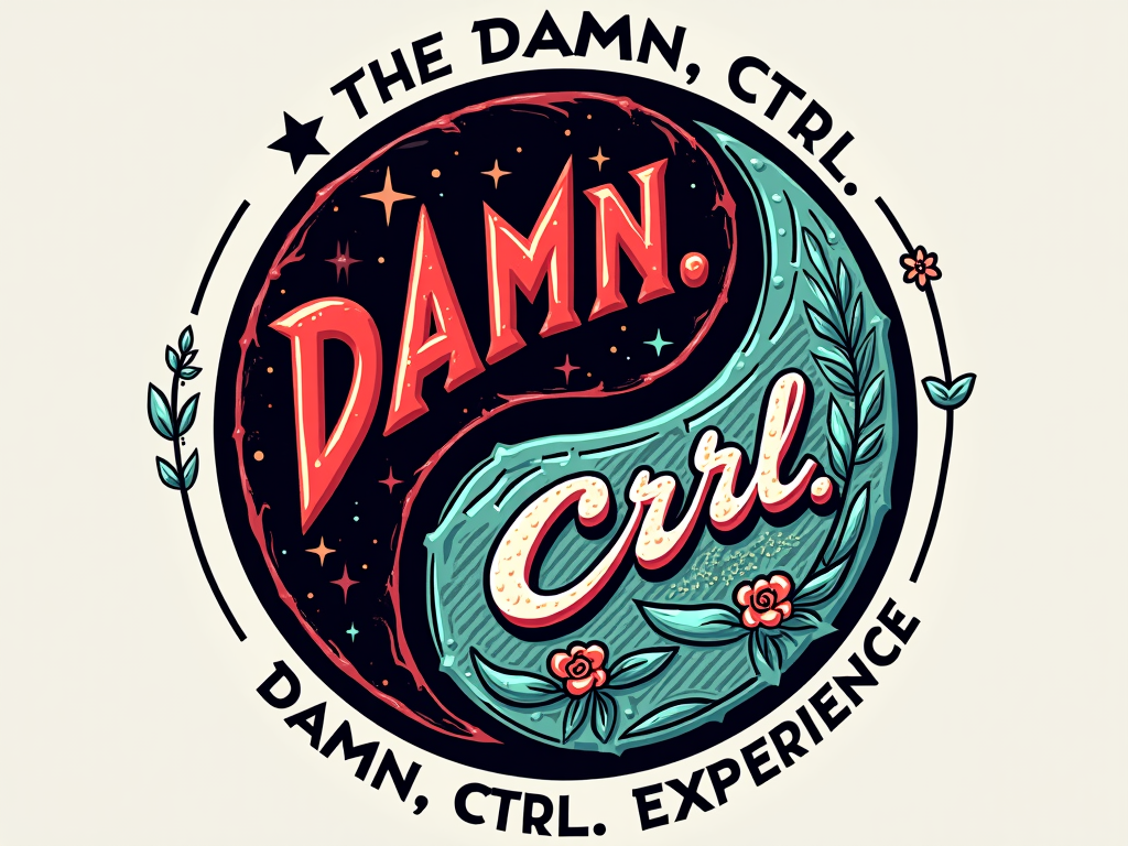 T-Shirt Design Idea 1: Yin-Yang Fusion. A circular design, split like a yin-yang symbol. One half features 'DAMN.' aesthetics (e.g., bold red/black, stark typography), the other half features 'Ctrl' aesthetics (e.g., softer color palette like blues/greens/pinks, flowing script for 'Ctrl', floral or broken computer key elements). 'The DAMN. Ctrl. Experience' text could encircle it or be placed below.