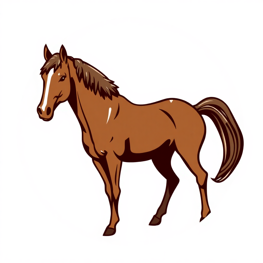 The image is a digital illustration of a brown horse. The horse is standing on all fours and is facing towards the left side of the image. It has a long mane and tail that is flowing in the wind. Its body is muscular and well-groomed, and its legs are slightly bent at the knees. Its head is turned slightly to the side, and it has a white stripe running down its forehead. The background is white, making the horse stand out.