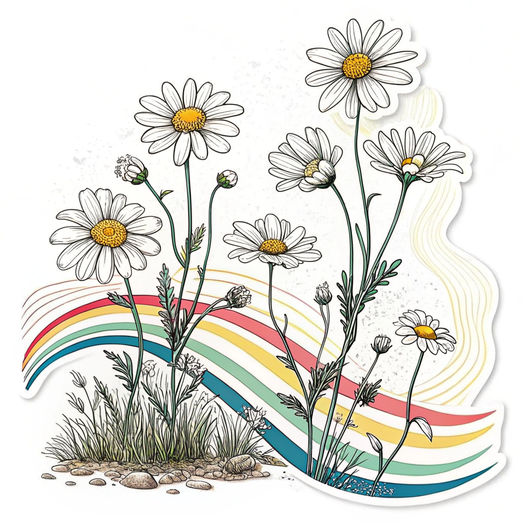 A field of minimalist daisies where the stems and the ground they're on are flowing, graphic soundwave lines in rainbow colors. Some daisies could be 'emitting' their own small soundwave puffs.