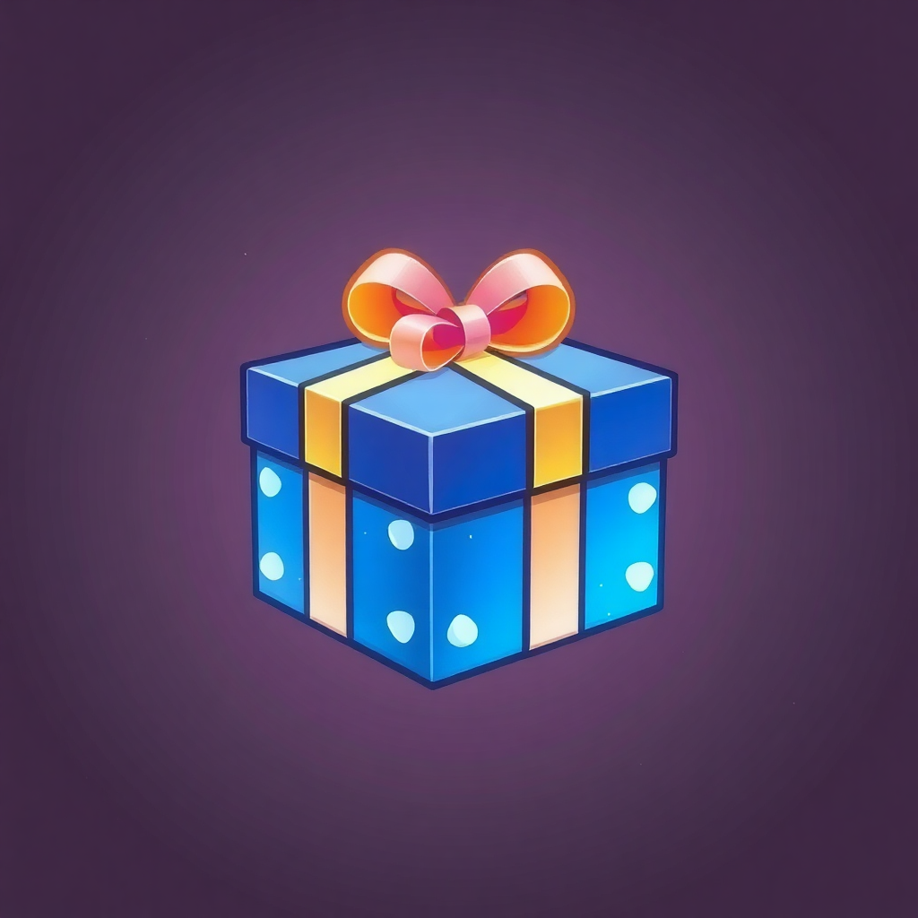 The image is a digital illustration of a gift box. The box is rectangular in shape and has a blue base with white polka dots. It is tied with a bright orange ribbon that is tied in a bow at the top. The ribbon is made up of three colors - blue, yellow, and orange. The background is a deep purple color. The overall design is simple and cartoon-like.