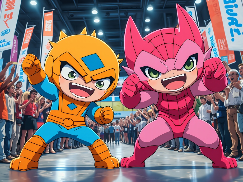Illustrations series: 'Mascot Cosplay Parade' - The MomoCon mascot(s) are depicted enthusiastically cosplaying as various well-known anime characters. Each illustration could focus on a detailed costume or a group shot showcasing multiple cosplay attempts, highlighting a fun, fan-centric homage.