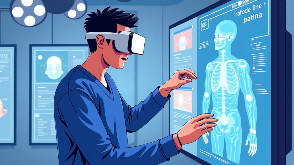 A trainee surgeon practices in a VR surgical simulator, receiving real-time AI feedback, predictive analytics, and visual guidance on a virtual patient.