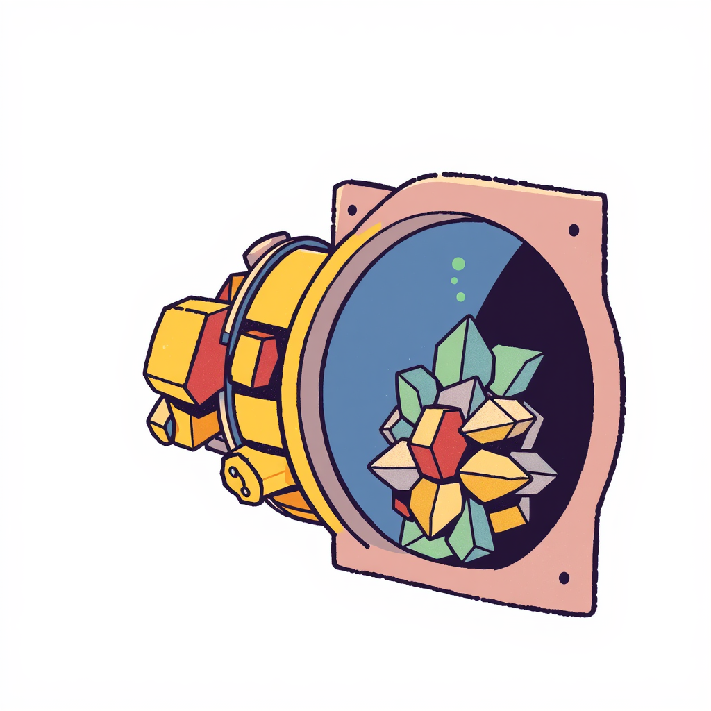 Sub-Design Idea 5 (Alchemy/Constructor): Icon depicts raw, basic elements (e.g., geometric primitives, unrefined shapes) entering a transformative 'engine' or 'funnel' (representing the GenAI) and emerging as a polished, novel, or complex assembled form, symbolizing the creation of new output.