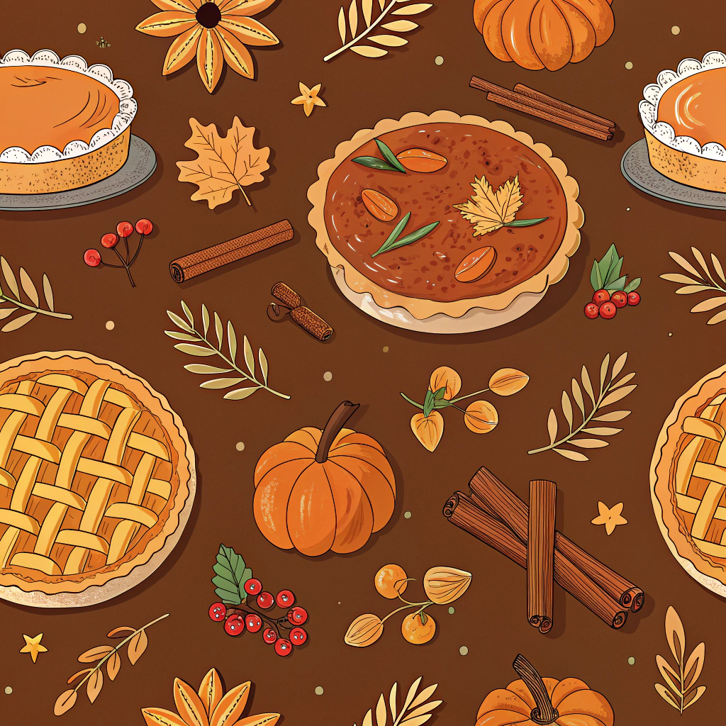 Charming Thanksgiving pattern featuring an array of pies, roasted turkeys, and autumn wreaths. The motifs are intermingled with cinnamon sticks and cloves, set on a warm brown background to present the cozy and flavorful essence of Thanksgiving desserts and meals.