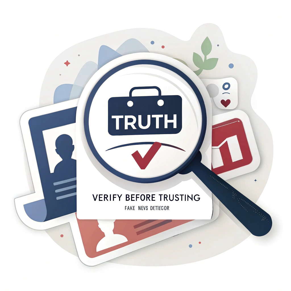 Sub Design Idea 1 (The 'Fact-Checker' Magnifier): A prominent magnifying glass hovers over a stylized social media feed (e.g., abstract blocks). Inside the lens, 'FAKE' is crossed out, replaced by 'TRUTH' or a checkmark. The text 'Verify Before Trusting' is clearly visible, with 'Fake News Detector' as a smaller tagline.