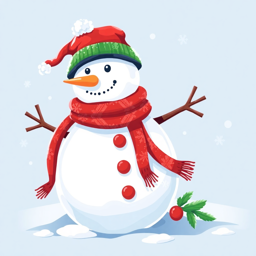 The image shows a snowman wearing a red hat and scarf, standing in the snow with leaves and berries scattered around it. The background is a light blue color, giving the image an animated feel.