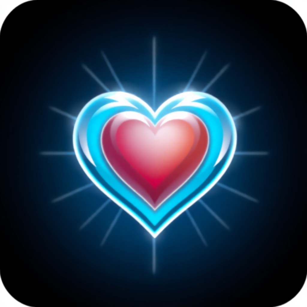 The image shows a red and blue heart on a black background, illuminated by a bright light. The heart is the focal point of the image, with the dark background providing a stark contrast to the vibrant colors of the heart.