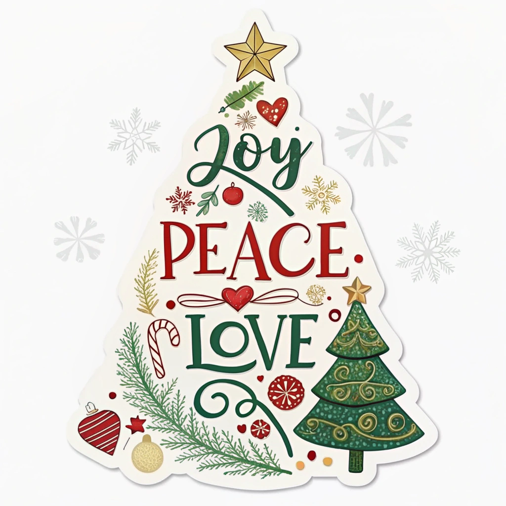 A creative Christmas tree sticker made entirely from words such as 'joy', 'peace', and 'love', creating the tree shape while conveying festive sentiments.