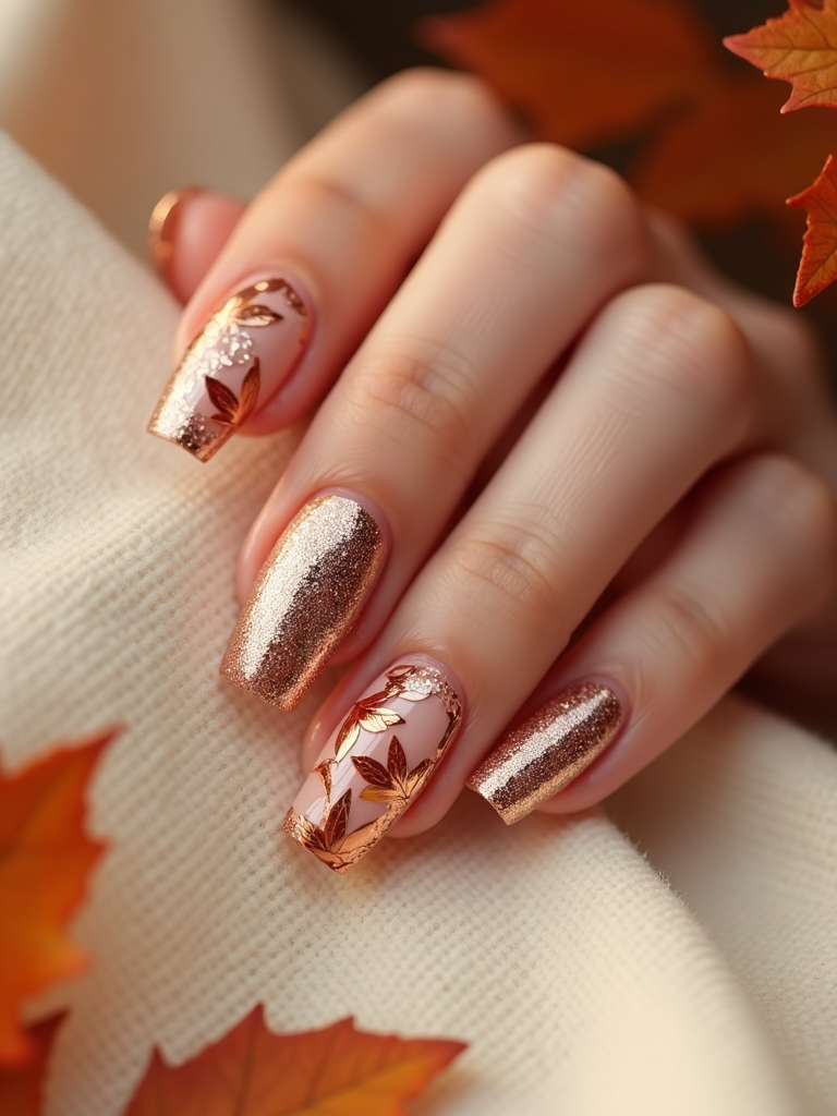 A glamorous Thanksgiving nail style with embossed copper leaves and shimmering metallic bronze details.