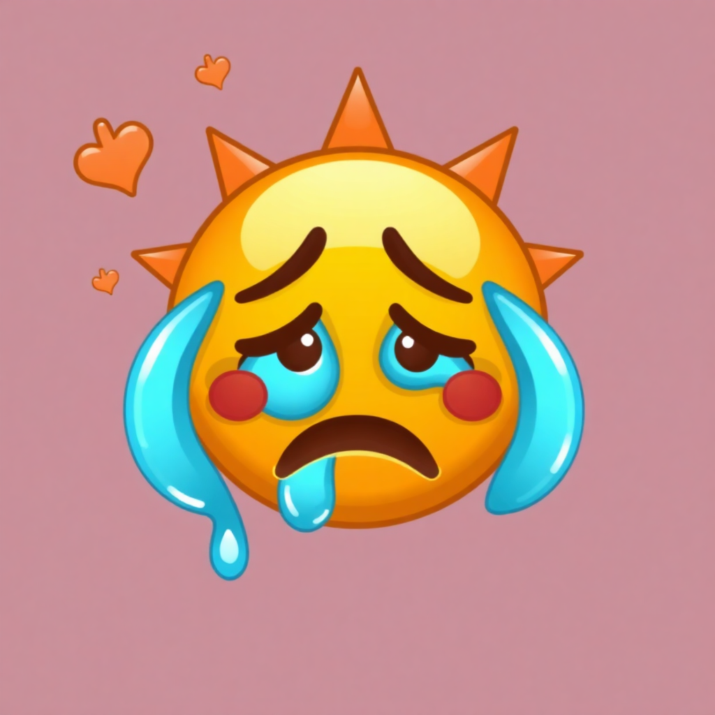 The image shows a yellow, red and blue emoji with tears streaming down its face, surrounded by heart symbols on a pink background.