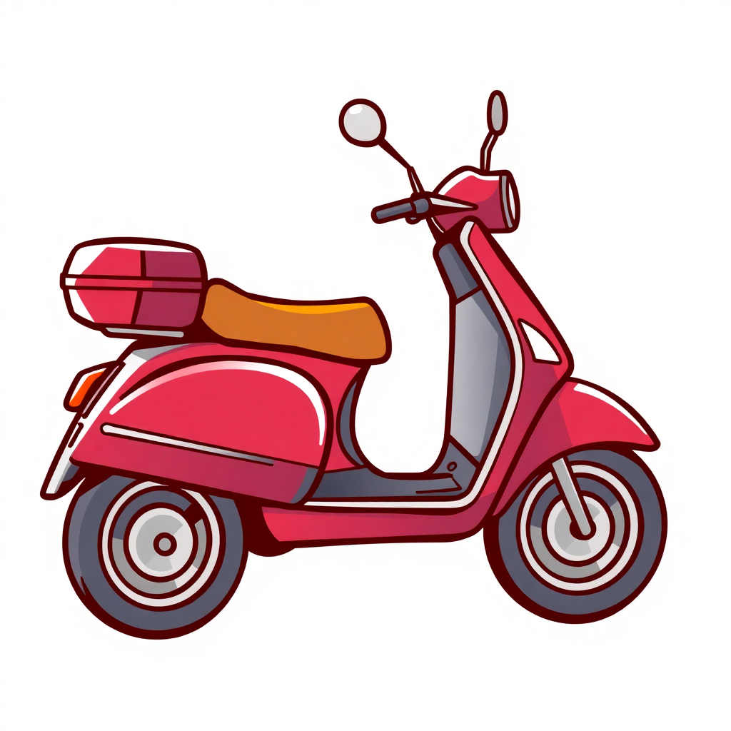 The image is a digital illustration of a red scooter. The scooter has a sleek design with a round headlight and two side mirrors on the front. The body of the scooter is a light pink color with a brown seat and a red luggage rack on the back. The wheels are silver with black spokes. The background is white.