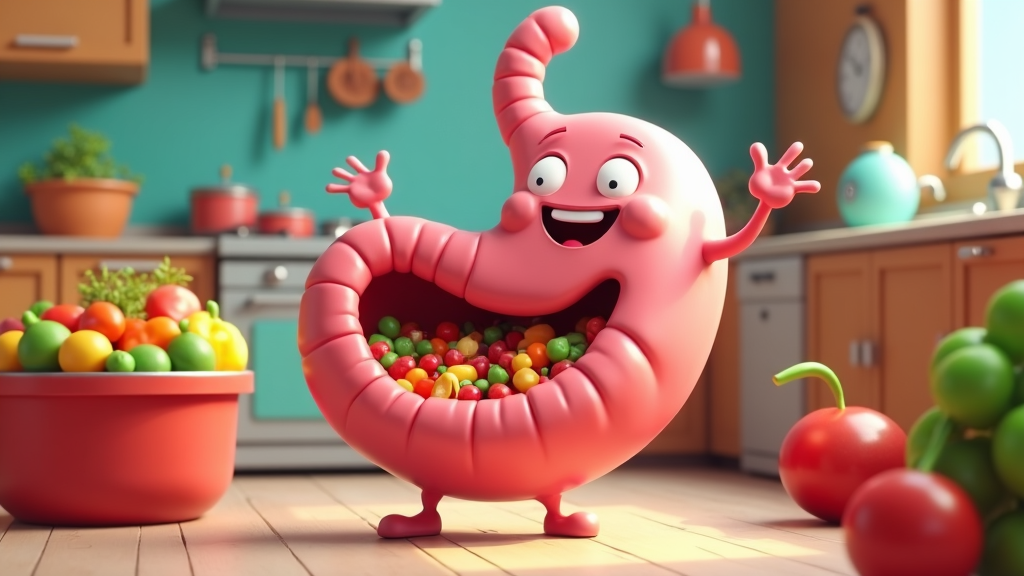 The image shows a cartoon worm in a kitchen with a bowl of candy in its mouth. On the right side of the image, there are tomatoes on the floor, and on the left side there is a flower pot with a plant in it. In the background, there is an oven, utensils hanging on the wall, a clock, a sink, a tap, a kettle, and other objects on the kitchen platform, as well as cupboards and a window. The image is animated, giving it a lively and vibrant feel.