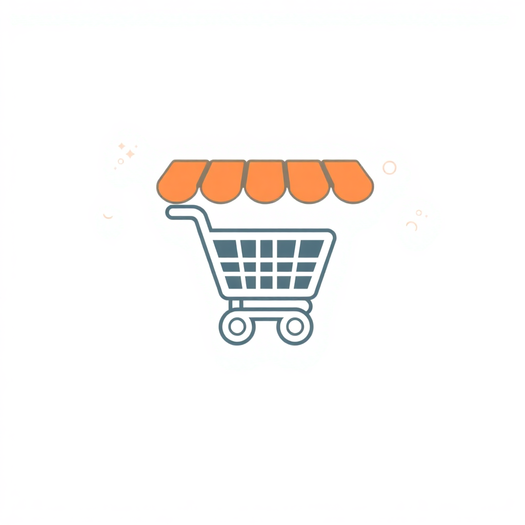 The image is a simple illustration of a shopping cart with an orange awning. The cart is drawn in a simple, minimalistic style with a white background. It has a rectangular shape with four wheels and a handle on the right side. The top of the cart has an orange canopy, which is slightly tilted to the left. There are small orange dots scattered around the cart, giving it a playful and whimsical feel. The overall design is simple and minimalistic.