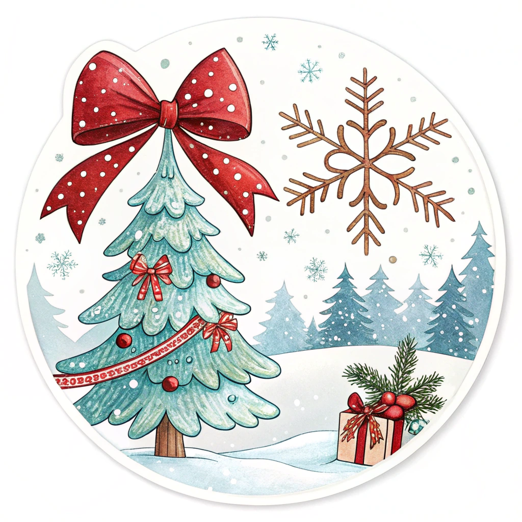 The image shows a painting of a Christmas tree adorned with a red bow and snowflakes, surrounded by gift boxes and other festive decorations. The background is a pristine white, creating a beautiful contrast with the vibrant colors of the tree and decorations.