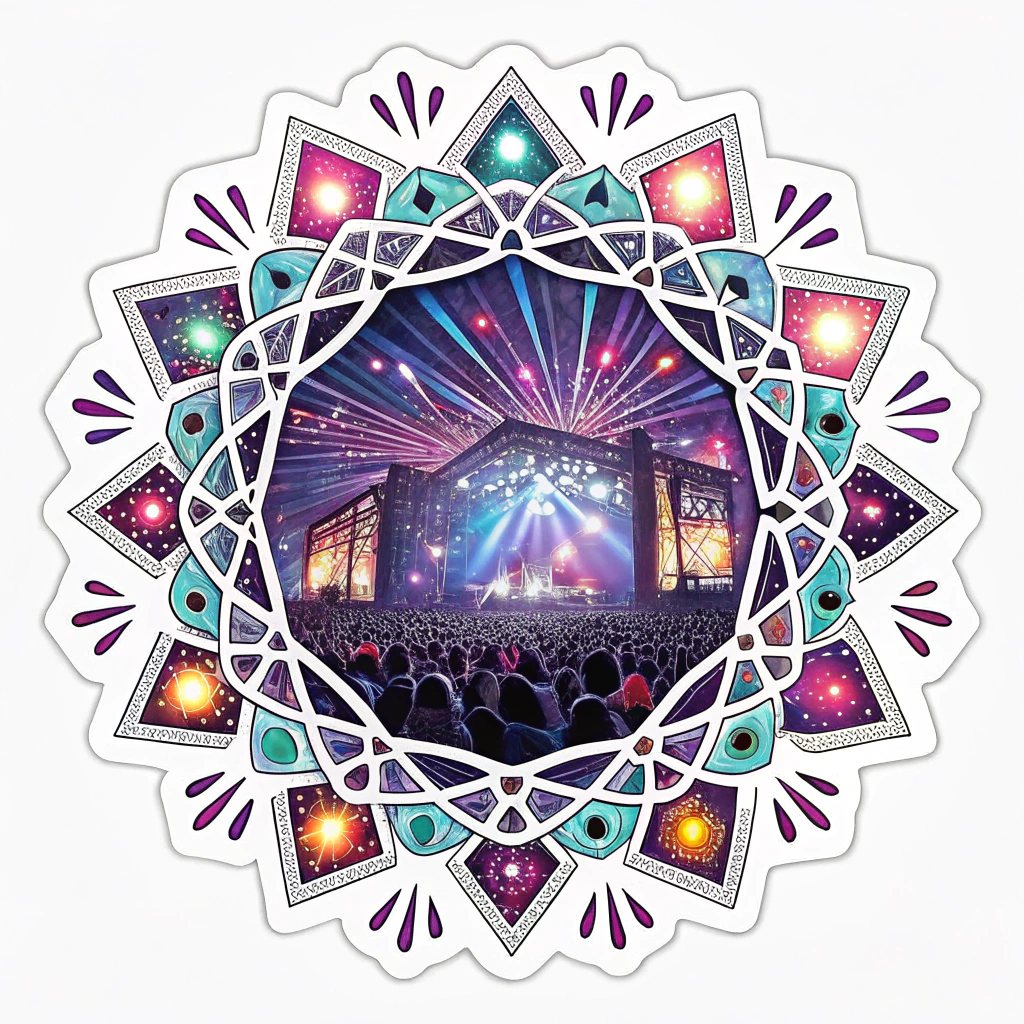 Kaleidoscopic Stage Fracture: A surreal sticker depicting the Kinetic Stage as viewed through a dream-like kaleidoscope, with its elements fractured into vibrant, geometric shards reflecting a dazzling array of colored lights and laser beams.